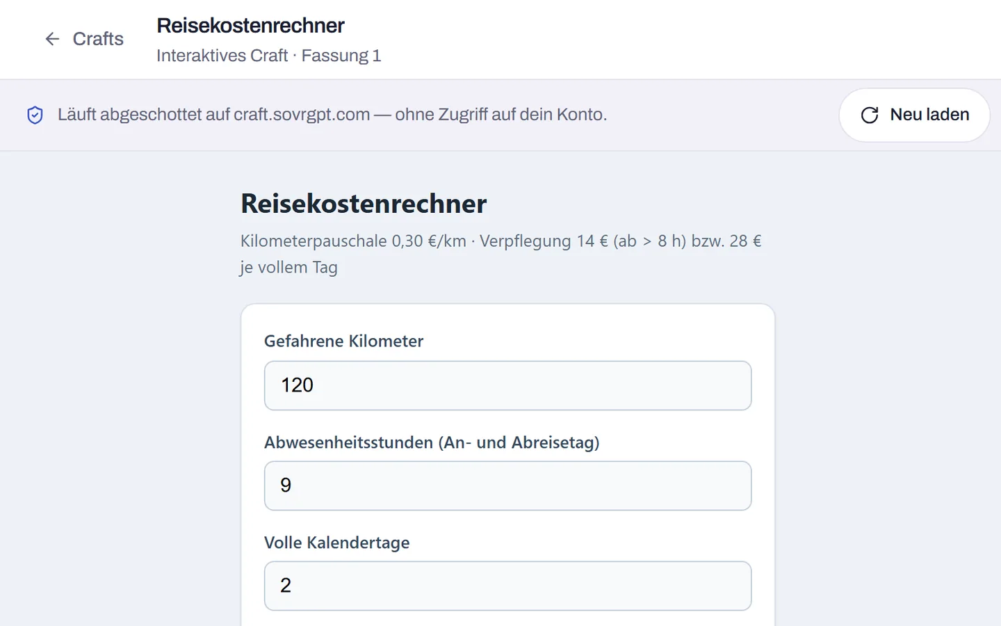 Über der App steht der Hinweis „Läuft abgeschottet auf craft.sovrgpt.com — ohne Zugriff auf dein Konto.“