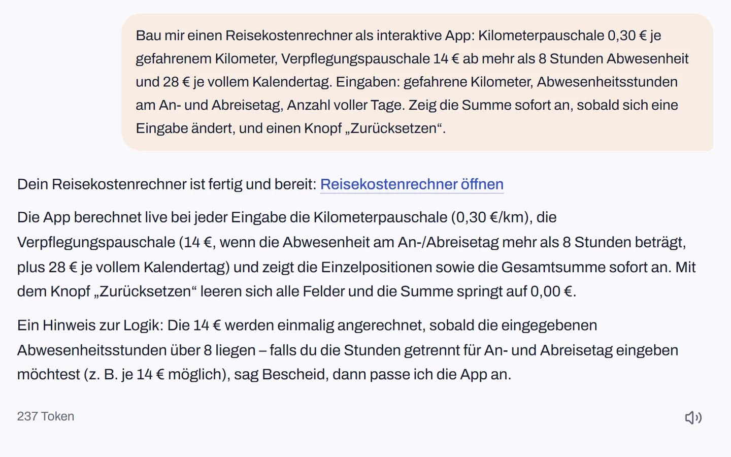 Ein Chat: Die Bitte um einen Reisekostenrechner mit Kilometer- und Verpflegungspauschale, darunter die Antwort mit dem Link „Reisekostenrechner öffnen“.