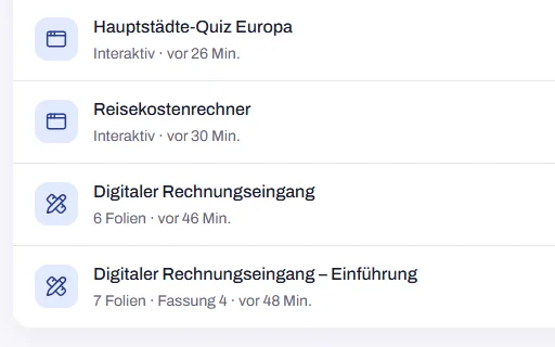 Ausschnitt aus der Liste „Crafts“: zwei Apps mit dem Vermerk „Interaktiv“ (Hauptstädte-Quiz, Reisekostenrechner), darunter zwei Foliensätze zum digitalen Rechnungseingang mit 6 und 7 Folien.