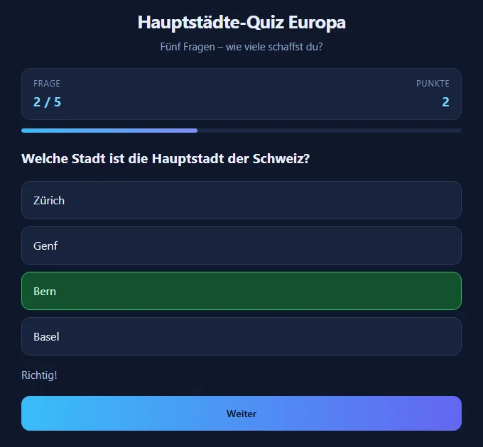 Ein „Hauptstädte-Quiz Europa“: Frage 2 von 5 nach der Hauptstadt der Schweiz, die Antwort „Bern“ ist als richtig markiert, 2 Punkte.