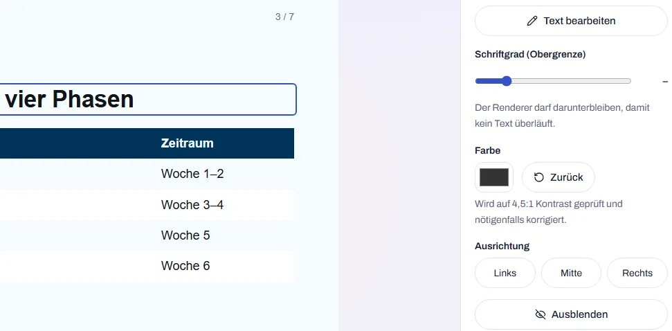 Ausschnitt aus dem Editor: Die Überschrift „… vier Phasen“ einer Folie mit Zeitplan-Tabelle ist angeklickt und blau umrandet. Rechts daneben stehen „Text bearbeiten“ und die Einstellungen für Schriftgrad, Farbe, Ausrichtung sowie „Ausblenden“.