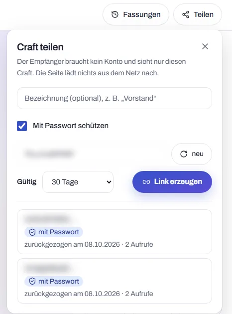 Das Fenster „Craft teilen“: „Mit Passwort schützen“ ist angehakt (das vorgeschlagene Passwort ist unkenntlich gemacht), gültig 30 Tage, daneben der Knopf „Link erzeugen“. Darunter zwei zurückgezogene Links mit ihren Aufrufen.